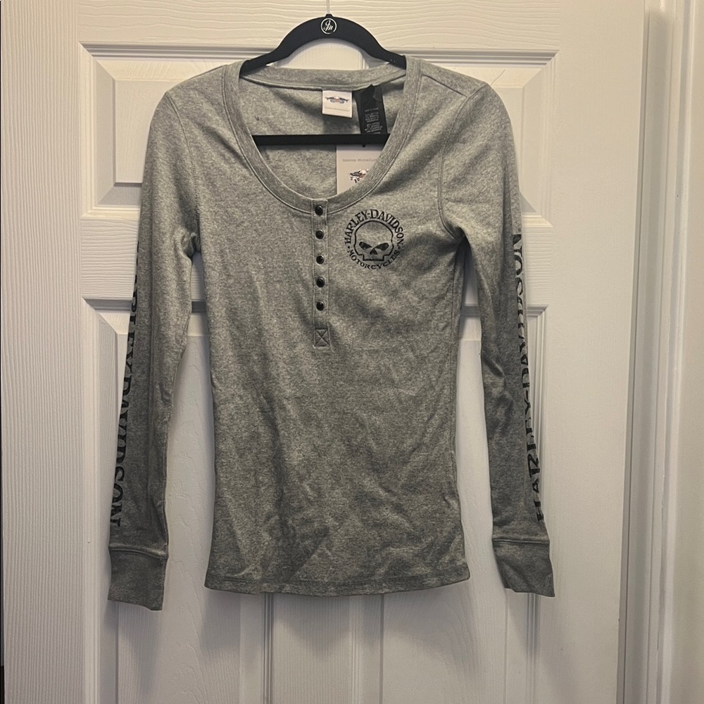 Harley-Davidson Light Gray Skull Henley Long Sleeve Shirt